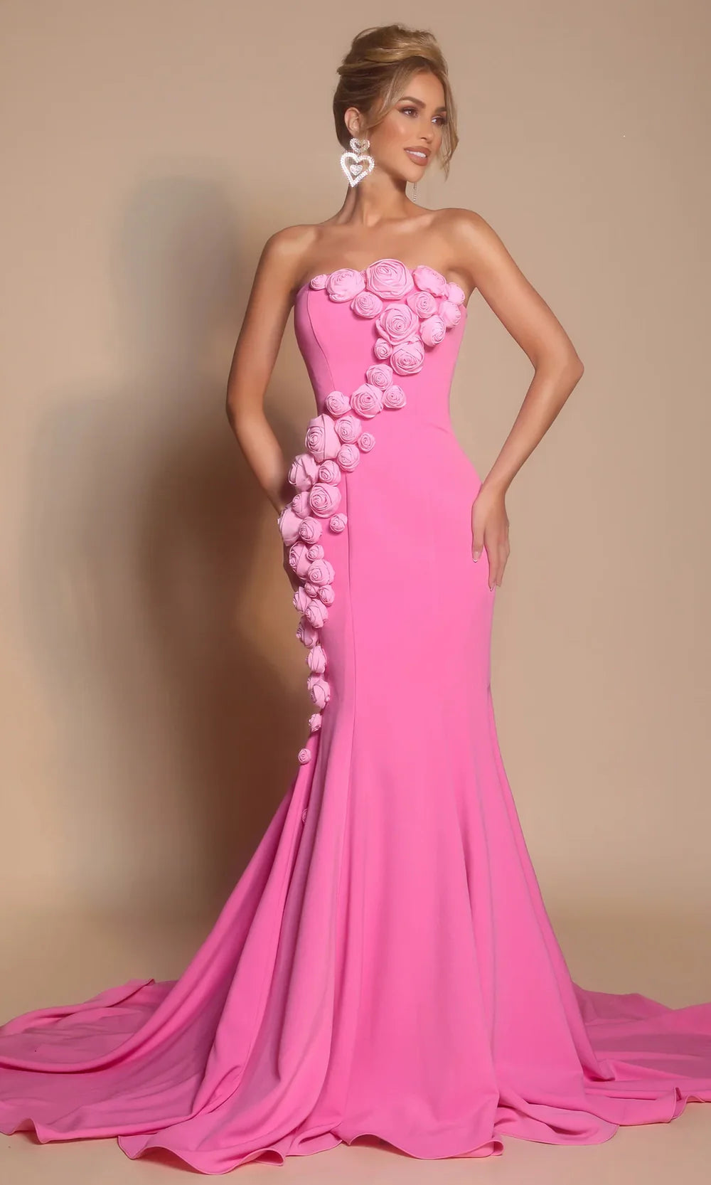 Portia and Scarlett PS26305E - Straight Neck Long Dress With 3D Rosettes Prom Dresses