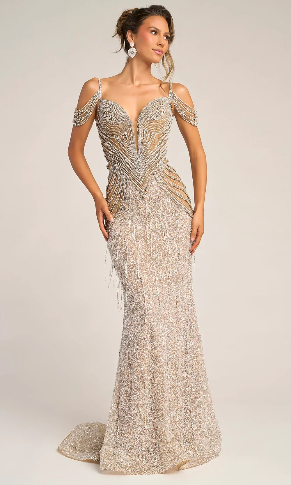 Portia and Scarlett PS26449C - Scoop Back Fringe Embellished Gown Prom Dresses