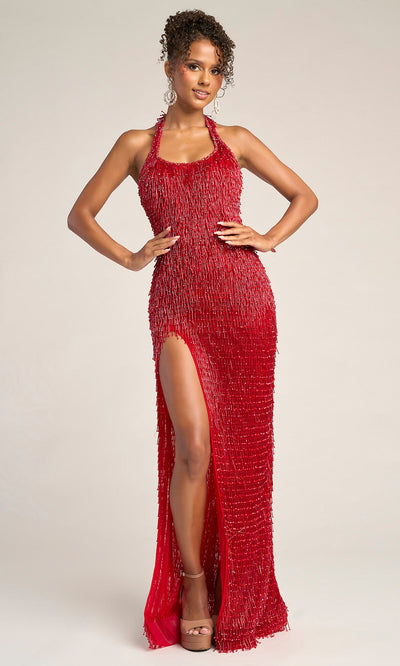 Portia and Scarlett PS26452C - High Slit Dress With Beaded Fringe Prom Dresses