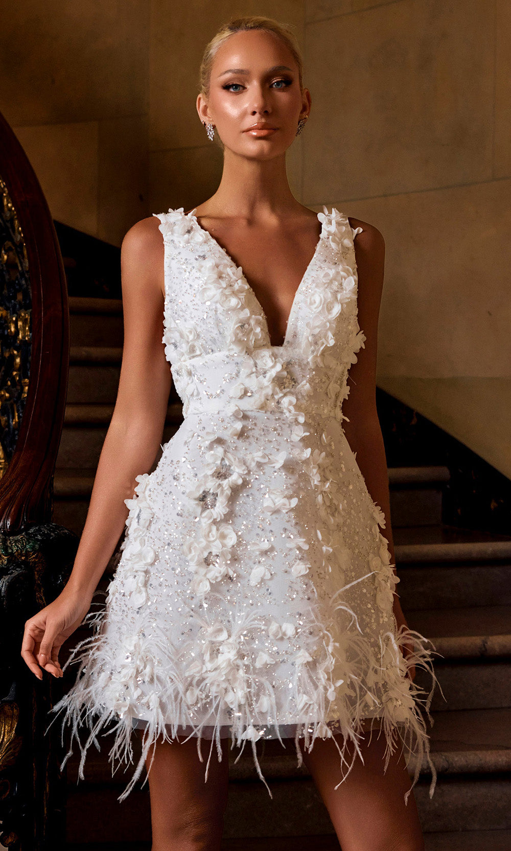 Portia and Scarlett PS26508 - A-Line Sleeveless Dress with Feathers Cocktail Dresses in Ivory Silver 
