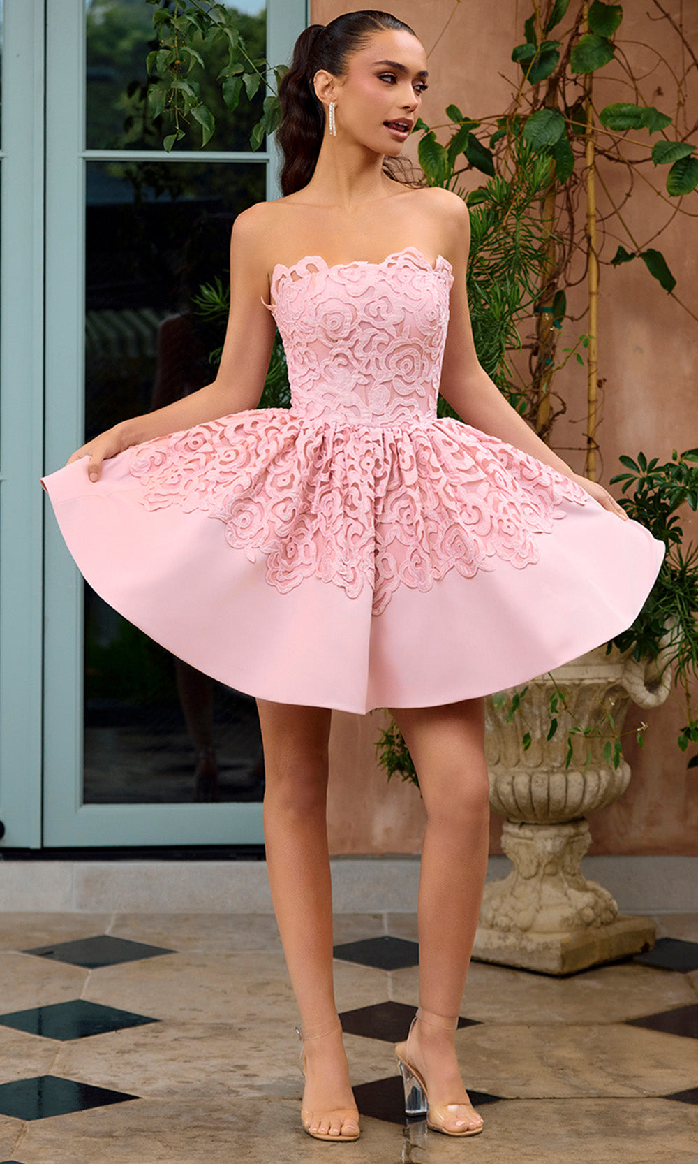Portia and Scarlett PS26714 - Lace Applique Straight Neck Mini Dress Cocktail Dresses in Pink  