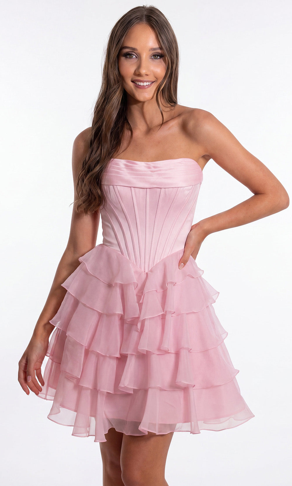 Portia and Scarlett PS26749 - Corset Bodice A-Line Dress with Ruffles Prom Dresses in Pink  