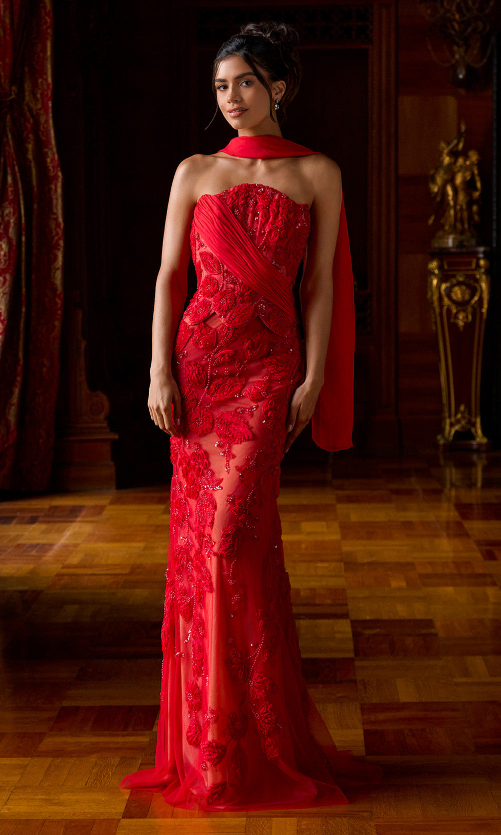 Portia and Scarlett PS26900E - Strapless Scallop Peplum Fitted Gown Prom Dresses in Red Nude 