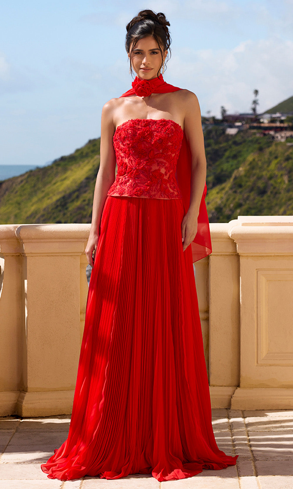 Portia and Scarlett PS26902E - Straight Neckline Pleated Evening Gown Formal Gowns in Red Nude 