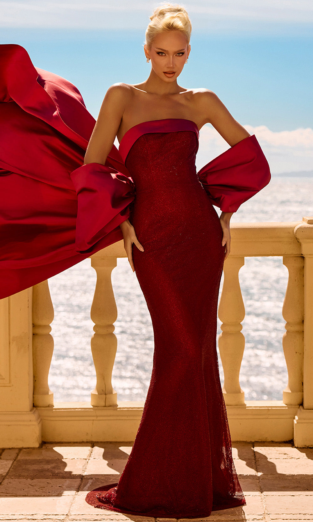 Portia and Scarlett PS26904E - Detachable Bow Train Sheath Evening Gown Formal Gowns in Red  
