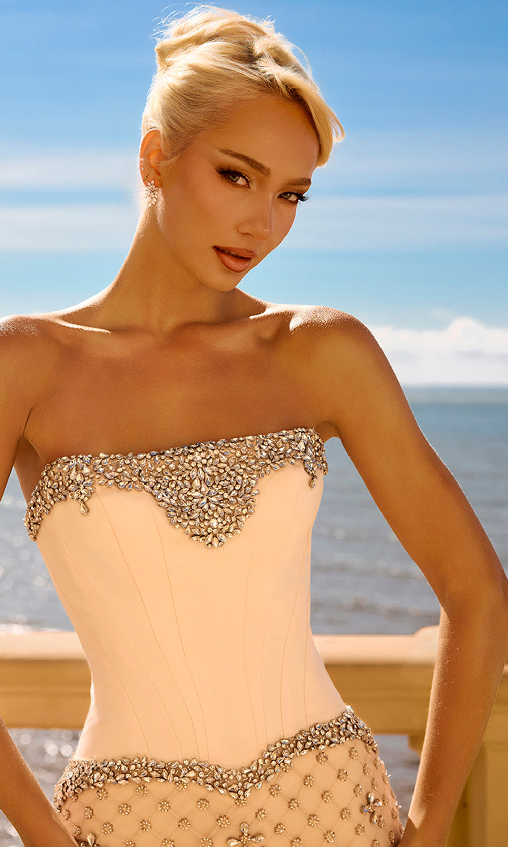 Portia and Scarlett PS26909E - Straight Neck Crystal Long Dress Pageant Dresses in Champagne  