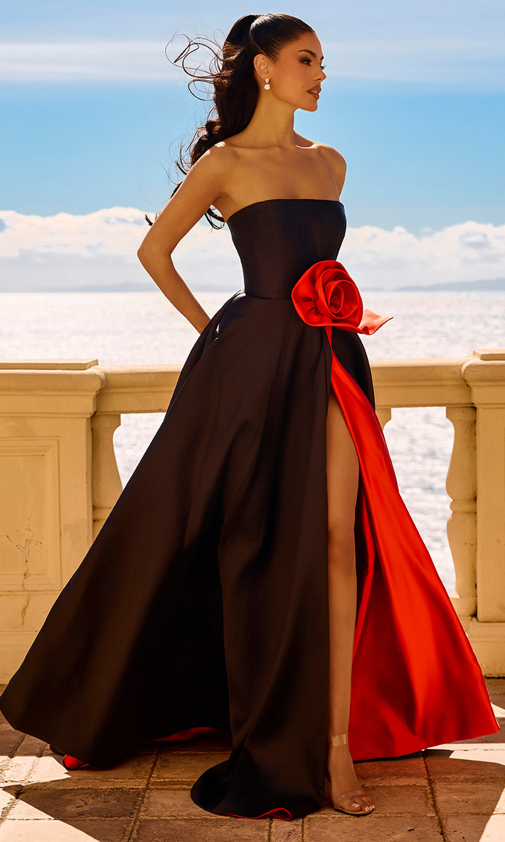 Portia and Scarlett PS26913E - Floral Accent Strapless Evening Ballgown Ball Gowns in Black Red 