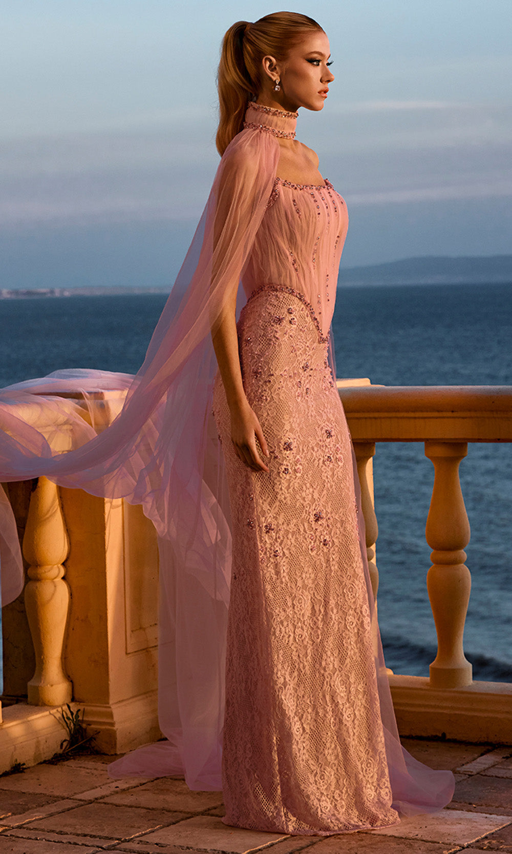 Portia and Scarlett PS26916E - Floral Lace Column Dress with Back Slit Prom Dresses in Pink  