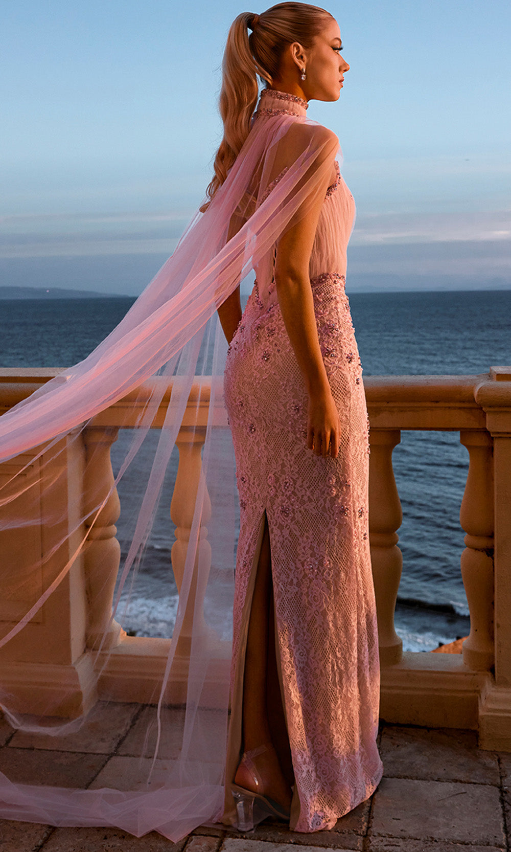 Portia and Scarlett PS26916E - Floral Lace Column Dress with Back Slit Prom Dresses in Pink  