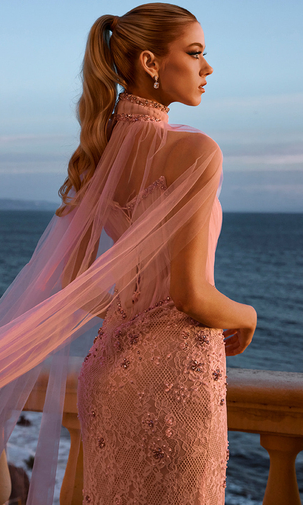 Portia and Scarlett PS26916E - Floral Lace Column Dress with Back Slit Prom Dresses in Pink  
