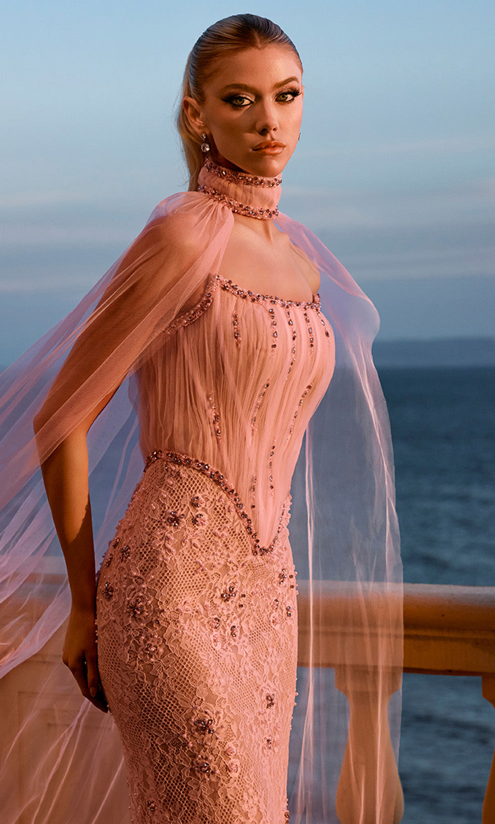 Portia and Scarlett PS26916E - Floral Lace Column Dress with Back Slit Prom Dresses in Pink  