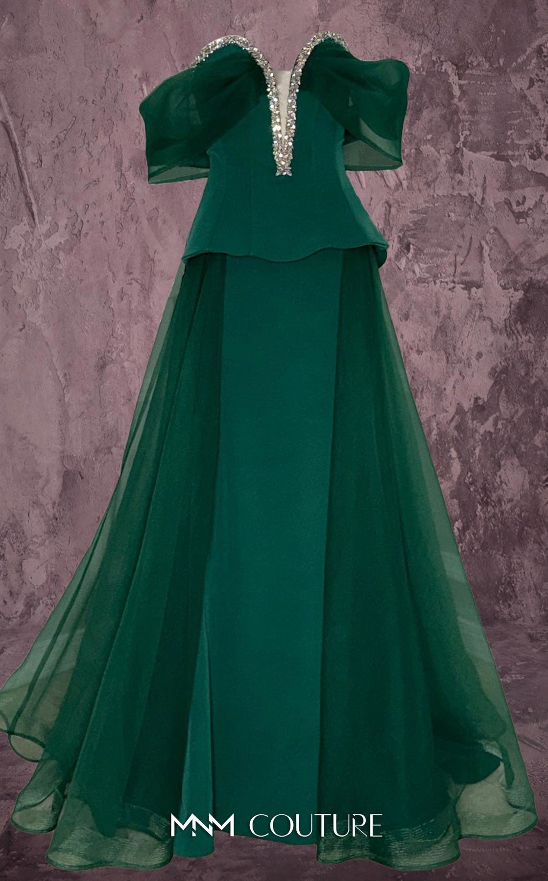 MNM COUTURE Q1010 - Crystal Embellished Peplum Long Gown Prom Dresses