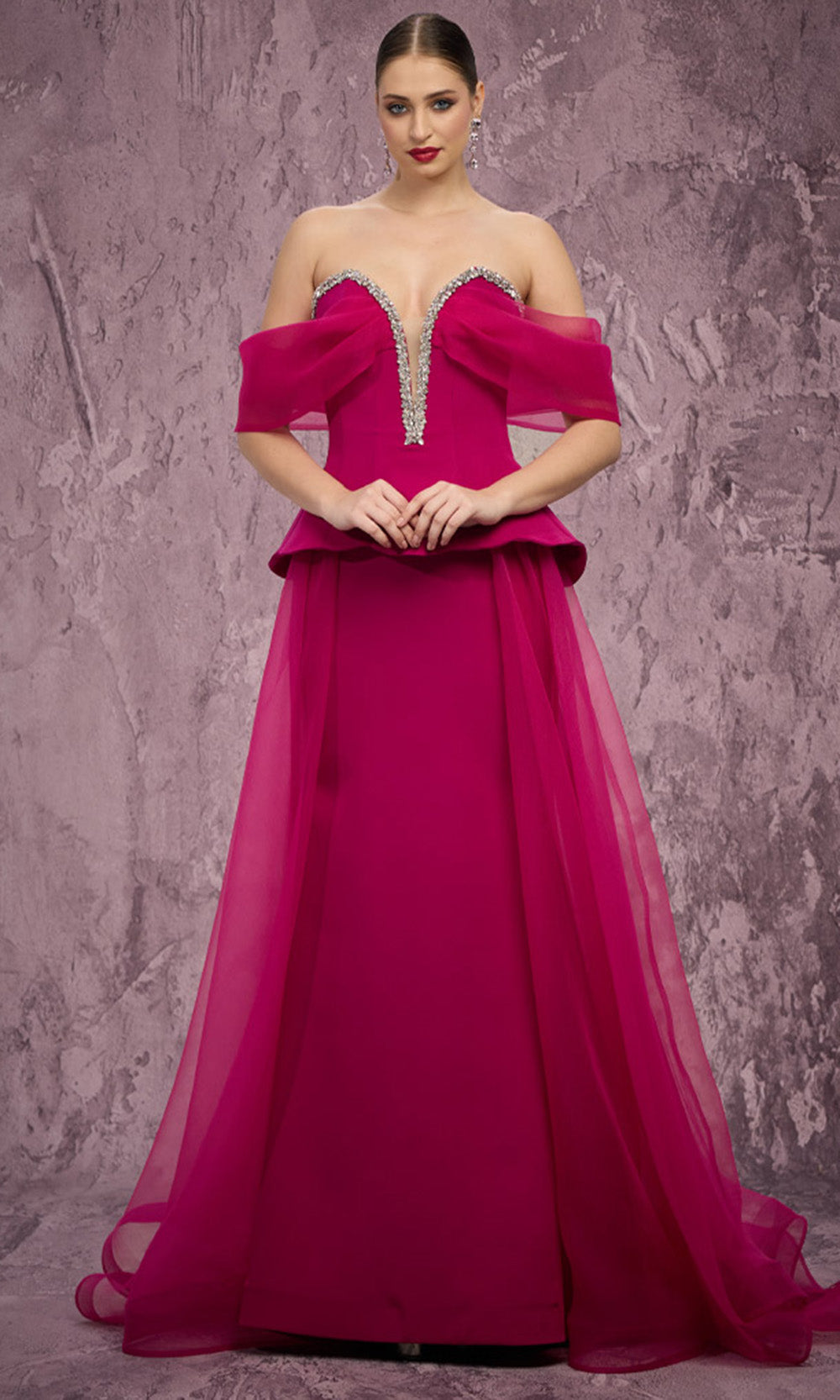 MNM COUTURE Q1010 - Crystal Embellished Peplum Long Gown Prom Dresses in Pink 