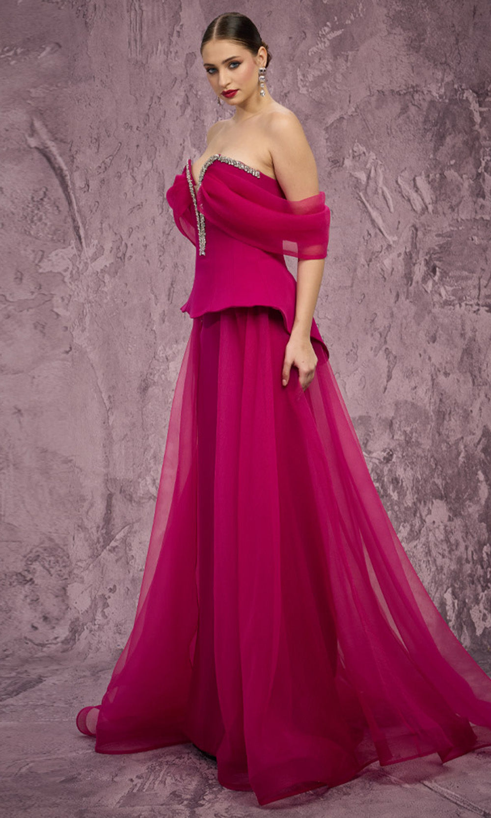MNM COUTURE Q1010 - Crystal Embellished Peplum Long Gown Prom Dresses in Pink 