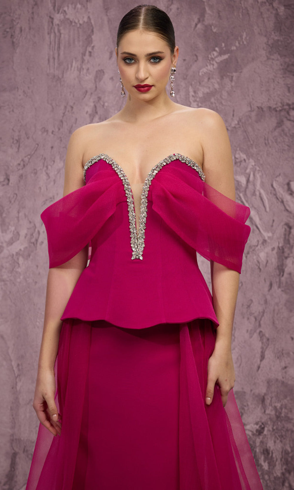 MNM COUTURE Q1010 - Crystal Embellished Peplum Long Gown Prom Dresses in Pink 