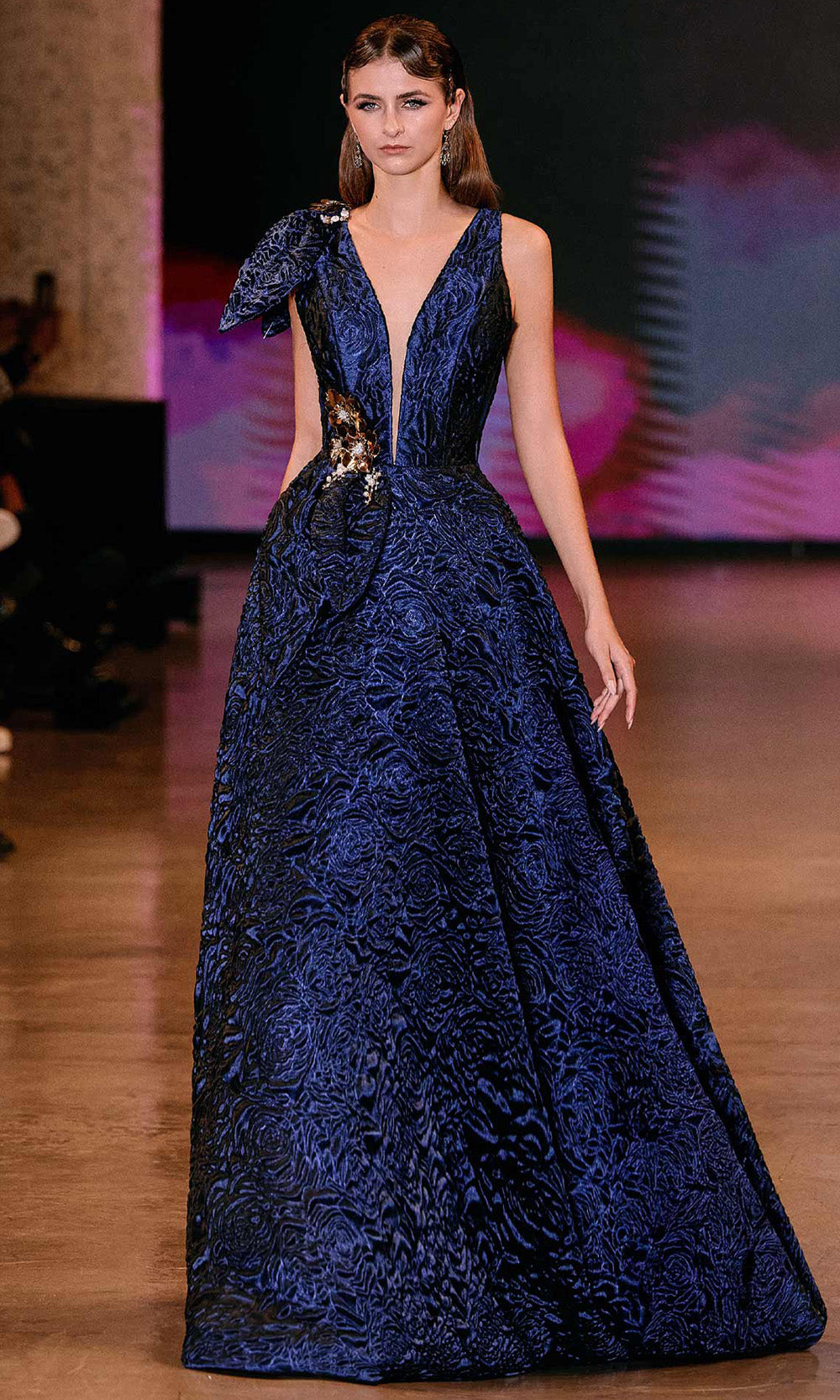 MNM COUTURE Q1150 - Floral Accent Sleeveless Textured Gown Ball Gowns in Blue 