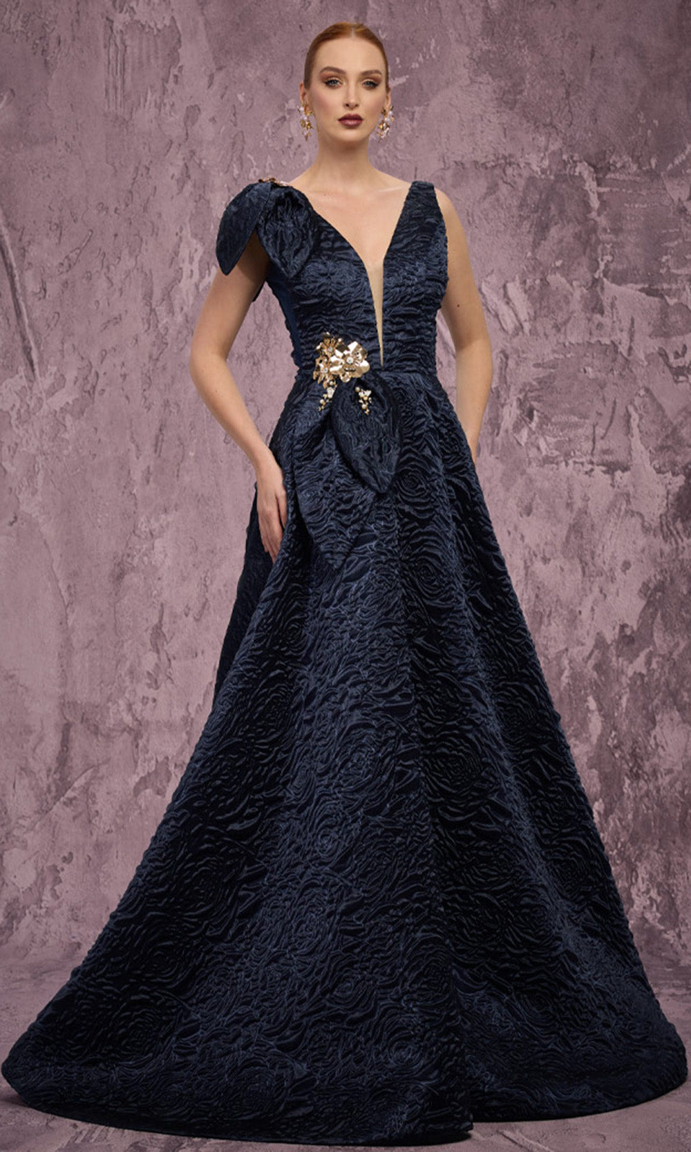 MNM COUTURE Q1150 - Floral Accent Sleeveless Textured Gown Ball Gowns in Blue 