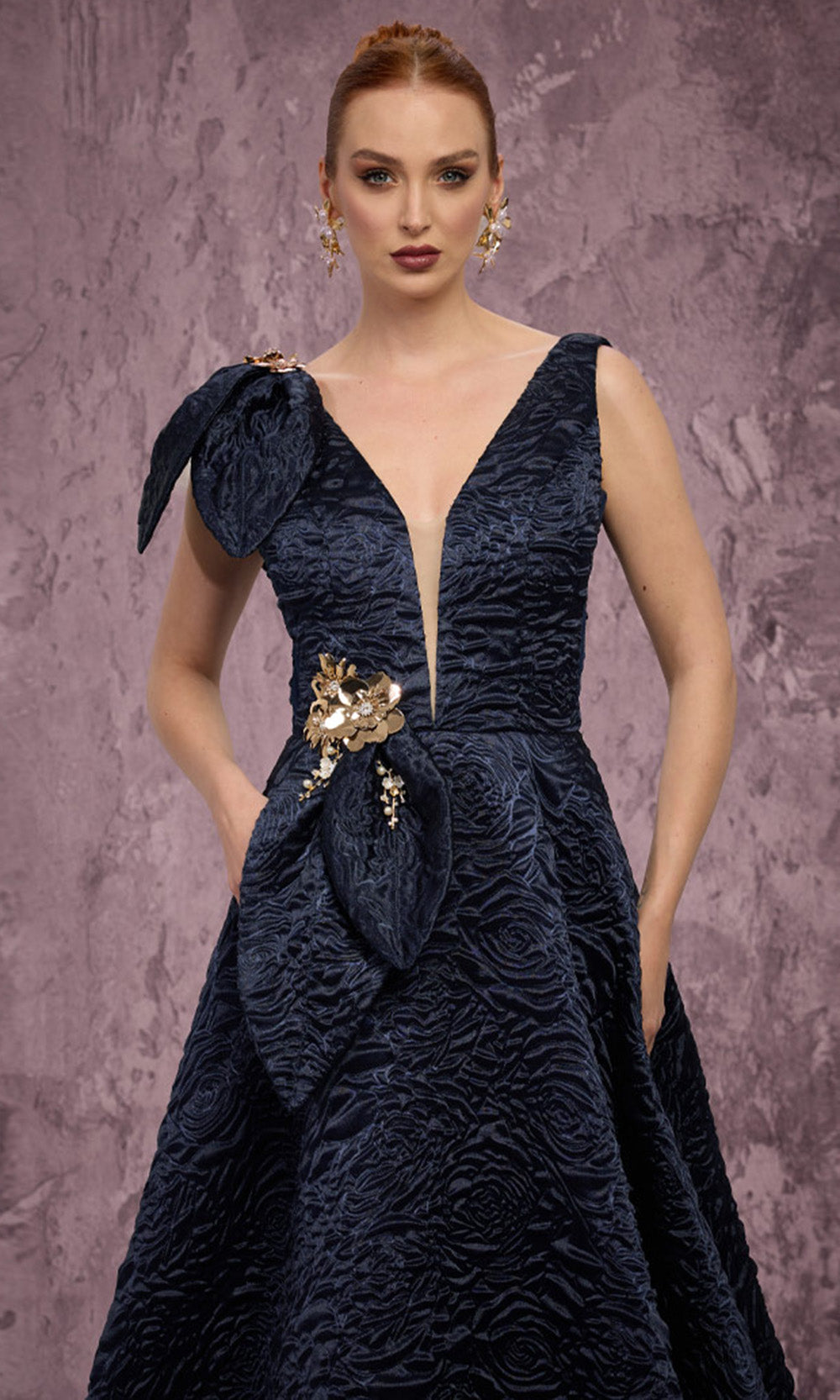 MNM COUTURE Q1150 - Floral Accent Sleeveless Textured Gown Ball Gowns in Blue 
