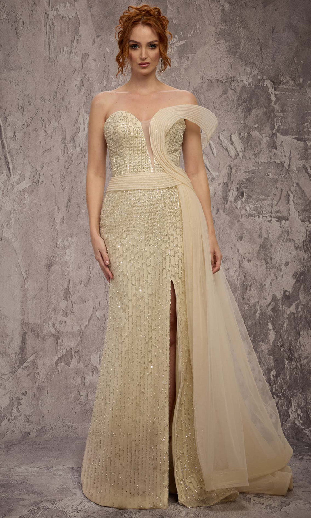 MNM COUTURE Q1405 - Asymmetrical Off Shoulder Strap Sheath Gown Prom Dresses in Neutral 