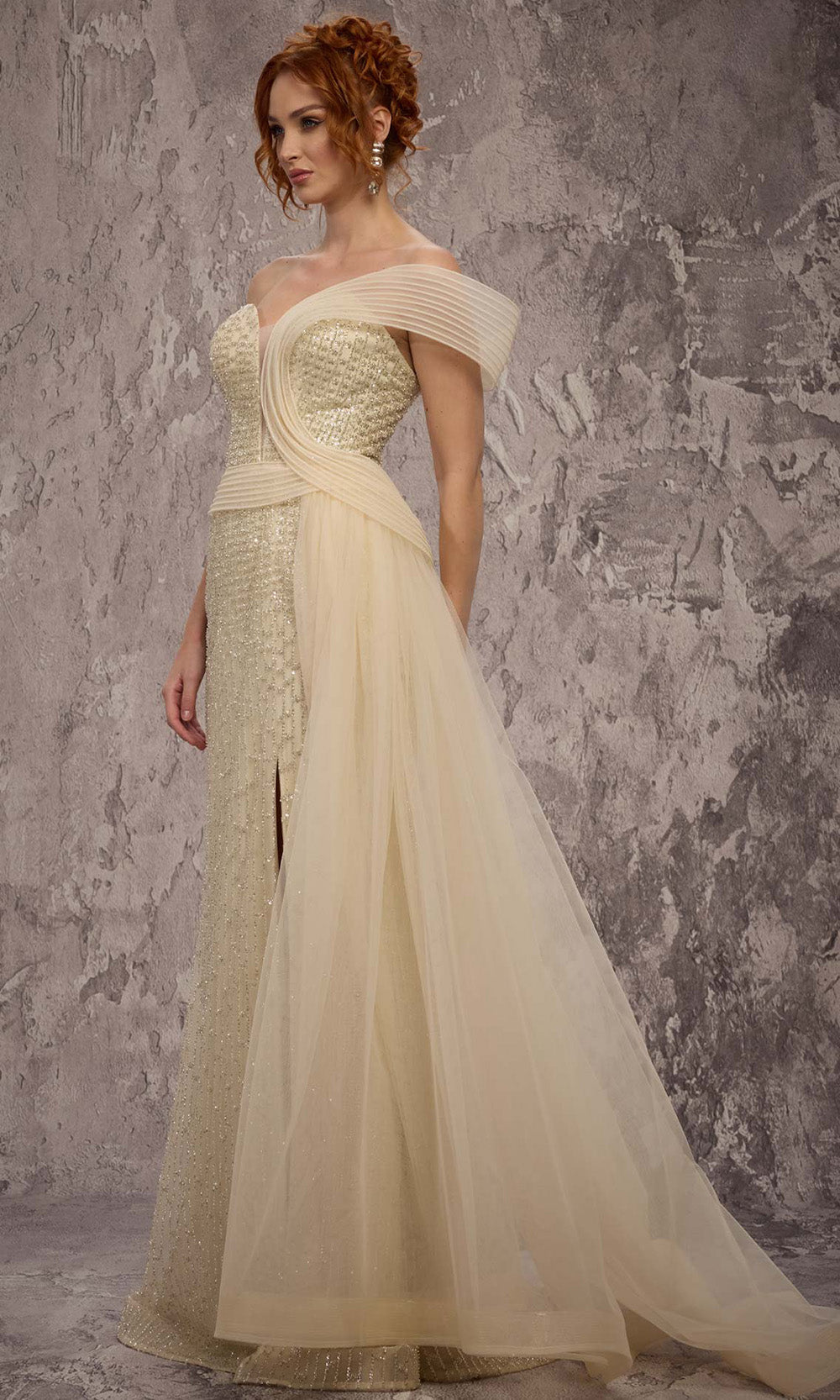 MNM COUTURE Q1405 - Asymmetrical Off Shoulder Strap Sheath Gown Prom Dresses in Neutral 