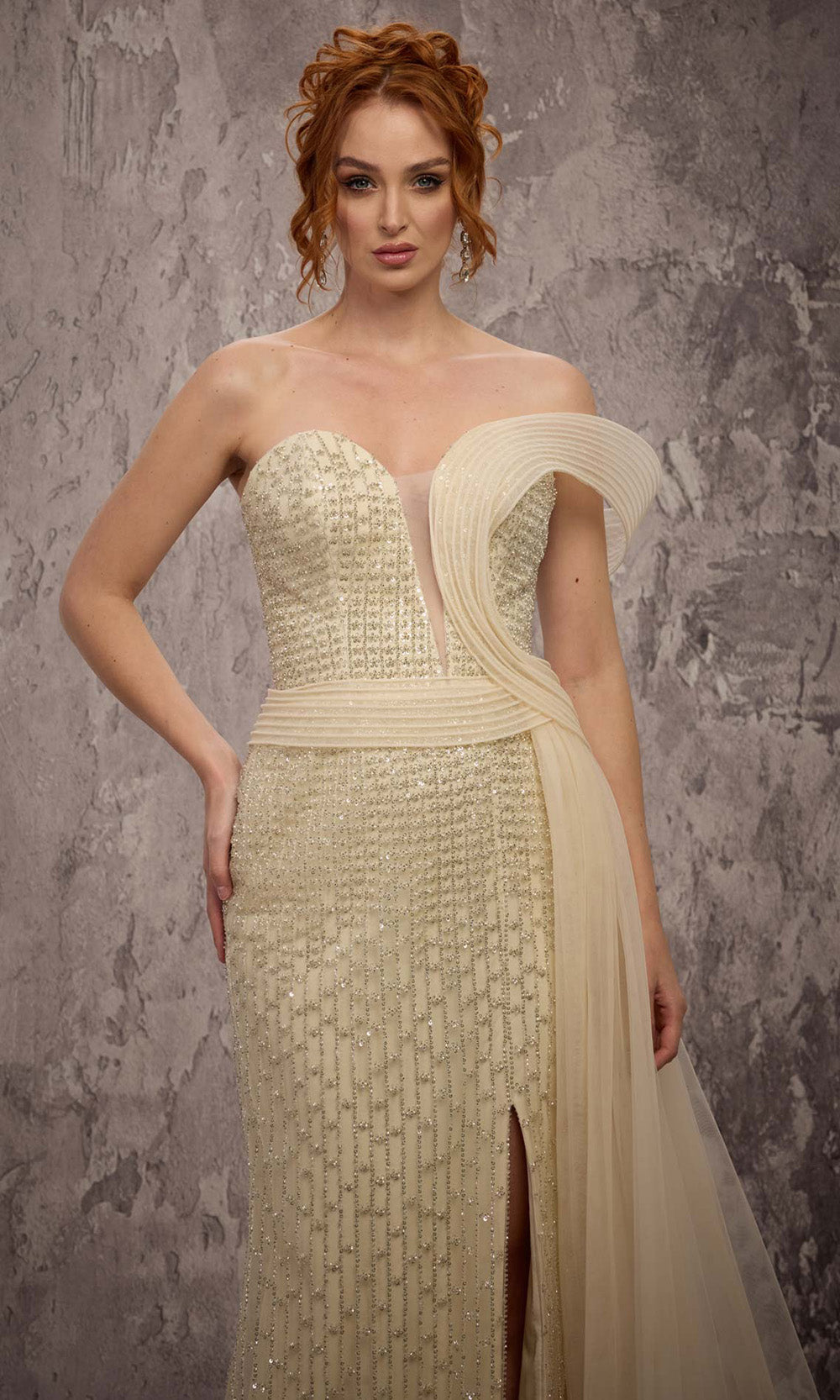 MNM COUTURE Q1405 - Asymmetrical Off Shoulder Strap Sheath Gown Prom Dresses in Neutral 