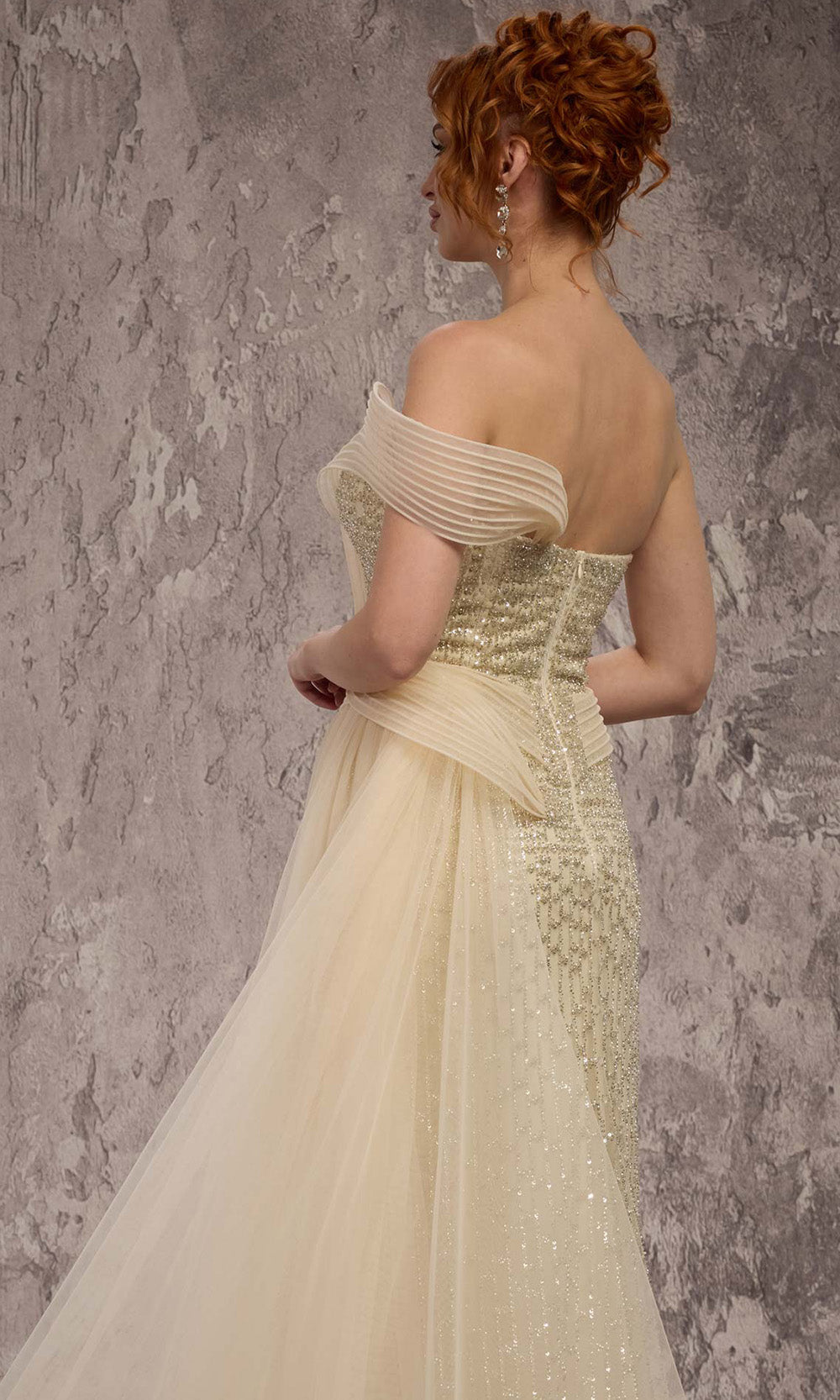 MNM COUTURE Q1405 - Asymmetrical Off Shoulder Strap Sheath Gown Prom Dresses in Neutral 