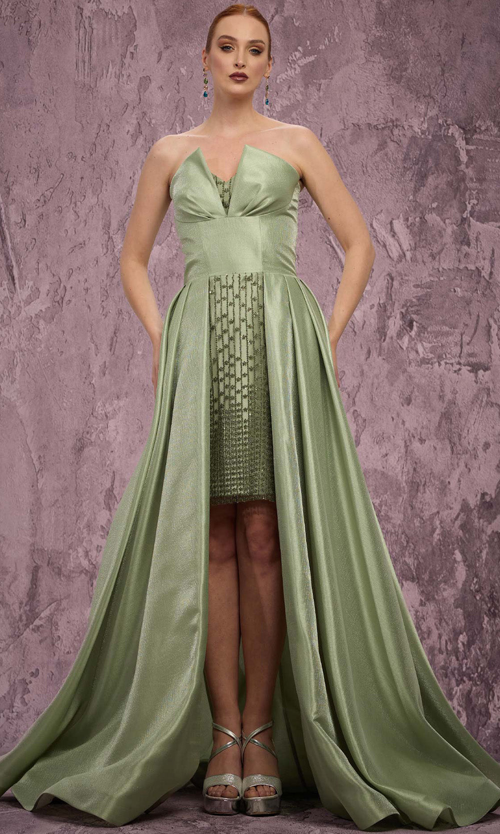 MNM COUTURE Q2024 - Pleated Overskirt Deep V-Panel Dress Prom Dresses in Green 