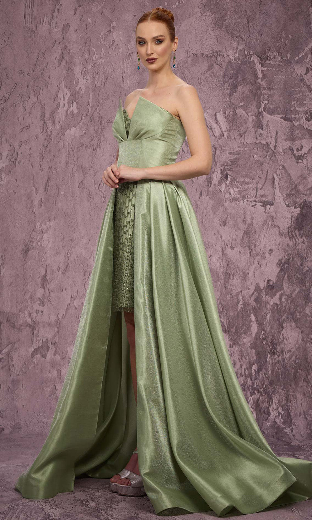 MNM COUTURE Q2024 - Pleated Overskirt Deep V-Panel Dress Prom Dresses in Green 