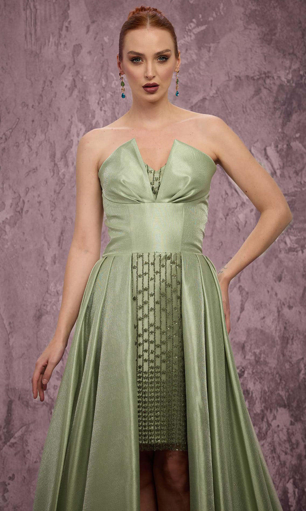 MNM COUTURE Q2024 - Pleated Overskirt Deep V-Panel Dress Prom Dresses in Green 