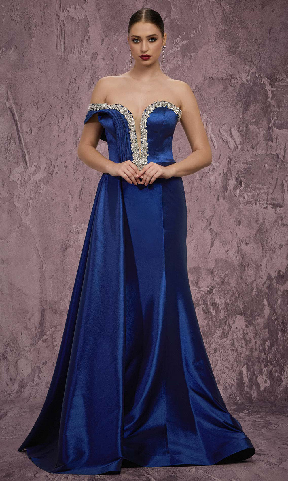 MNM COUTURE Q2414 - Off Shoulder Taffeta Gown with Side Train Prom Dresses in Blue 