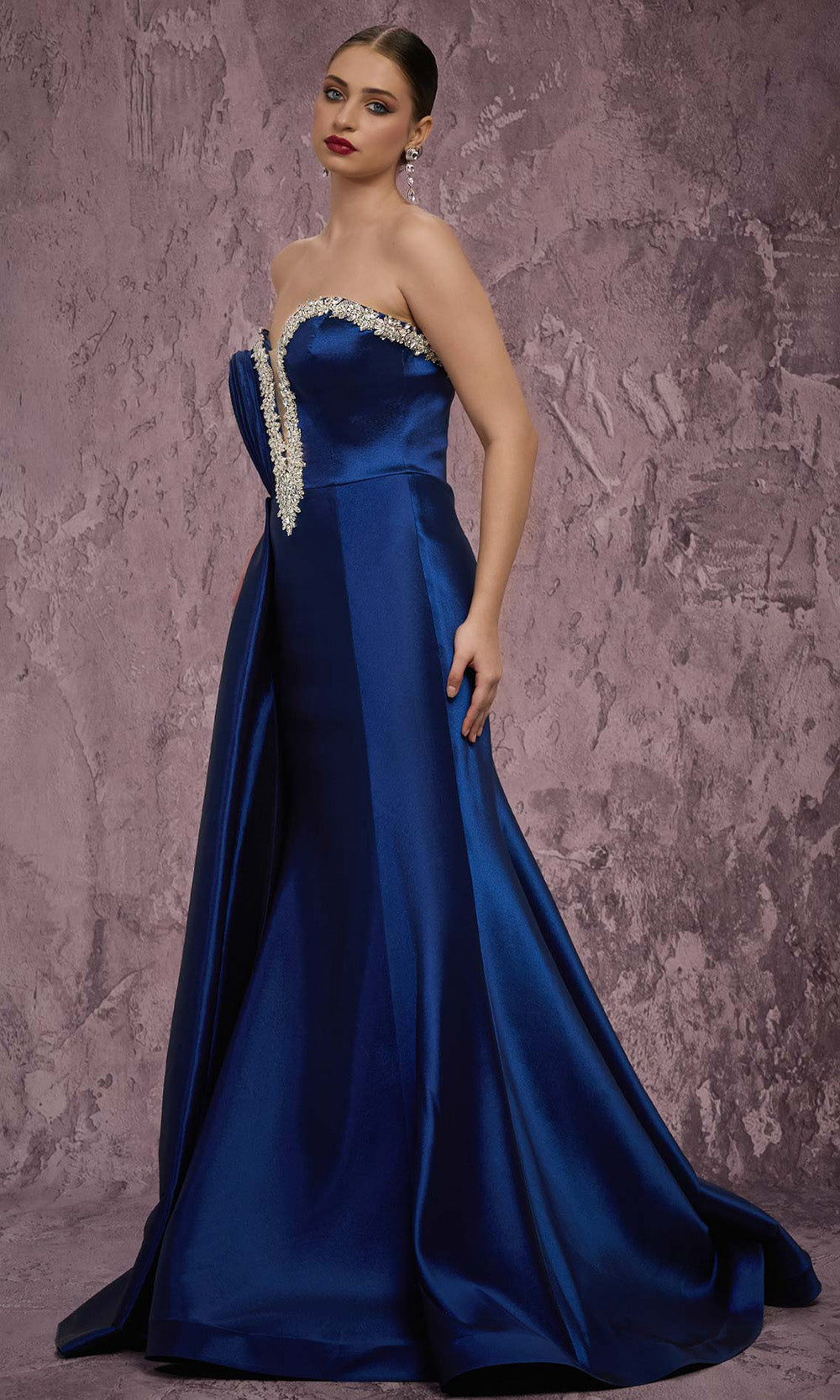 MNM COUTURE Q2414 - Off Shoulder Taffeta Gown with Side Train Prom Dresses in Blue 