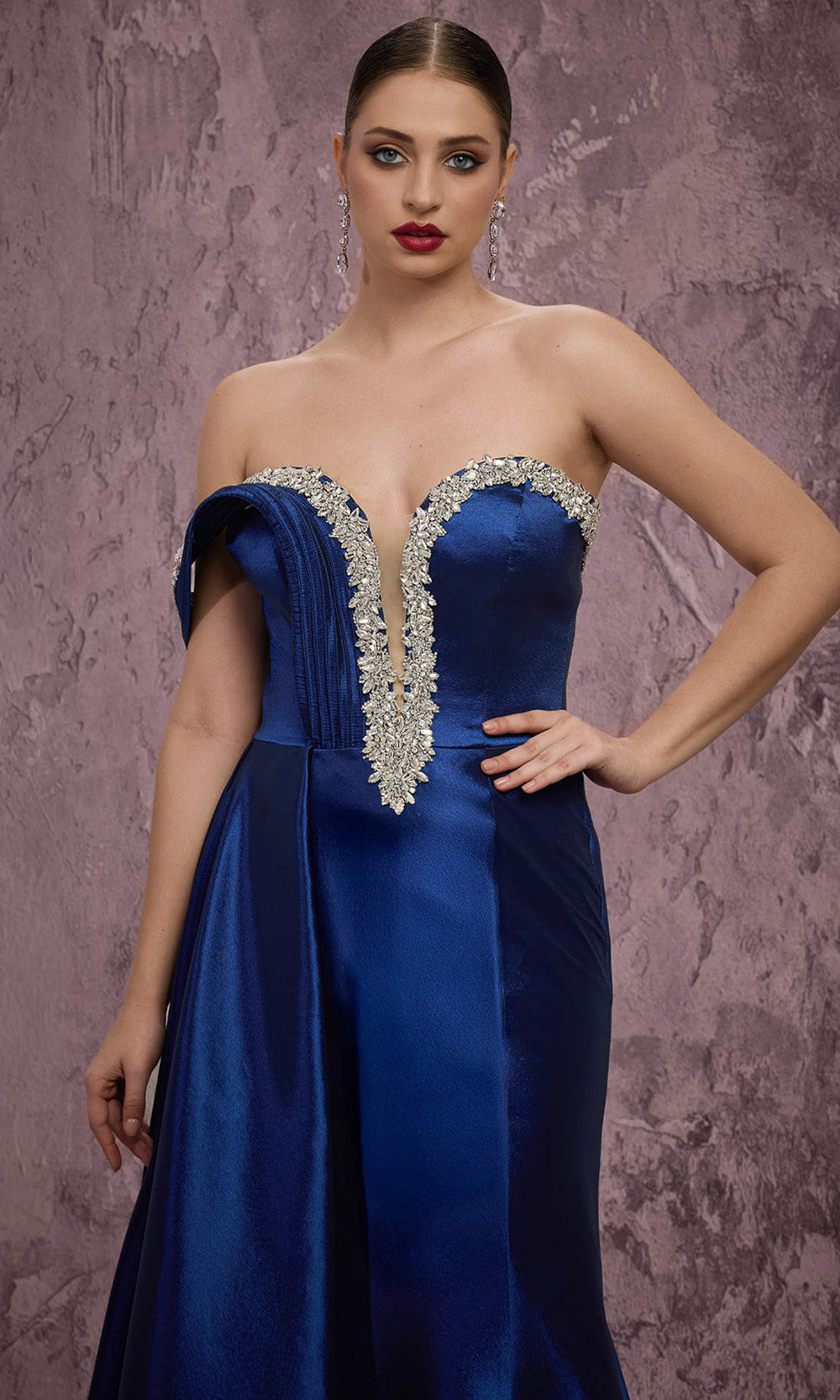 MNM COUTURE Q2414 - Off Shoulder Taffeta Gown with Side Train Prom Dresses in Blue 