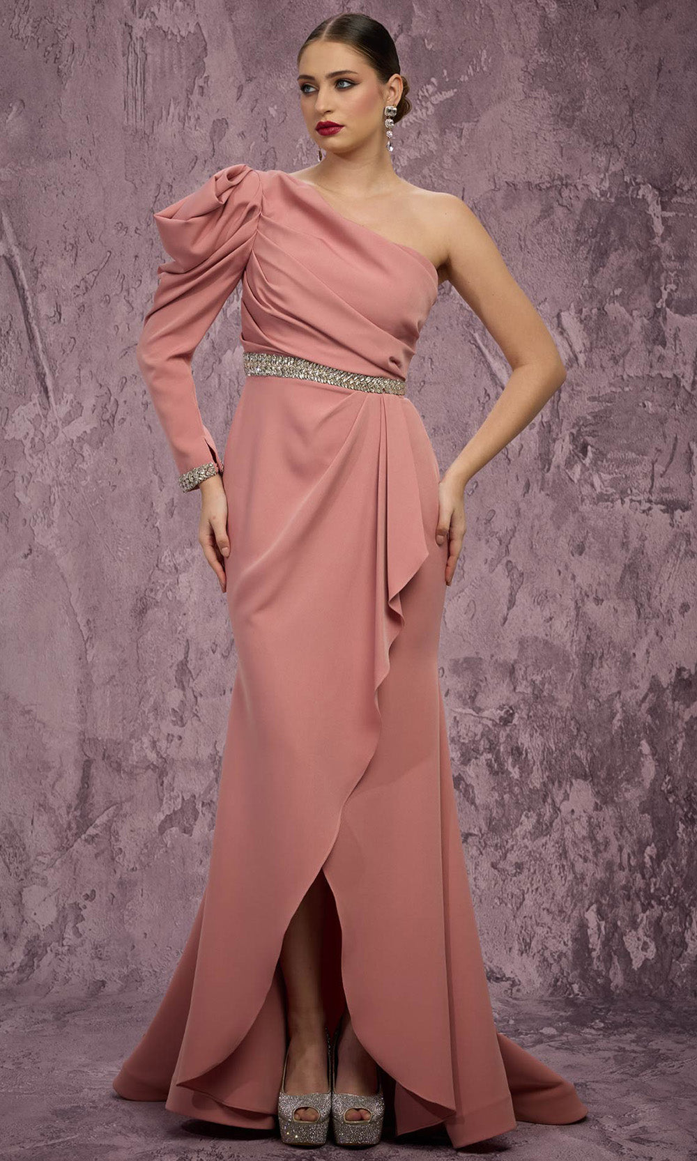asymmetric neck puff shoulder dress MNM COUTURE Q2851 - High Low Crepe Sheath nav-321 Blush Mesh Babydoll Dress Size:XS / 2 Perfect for prom or