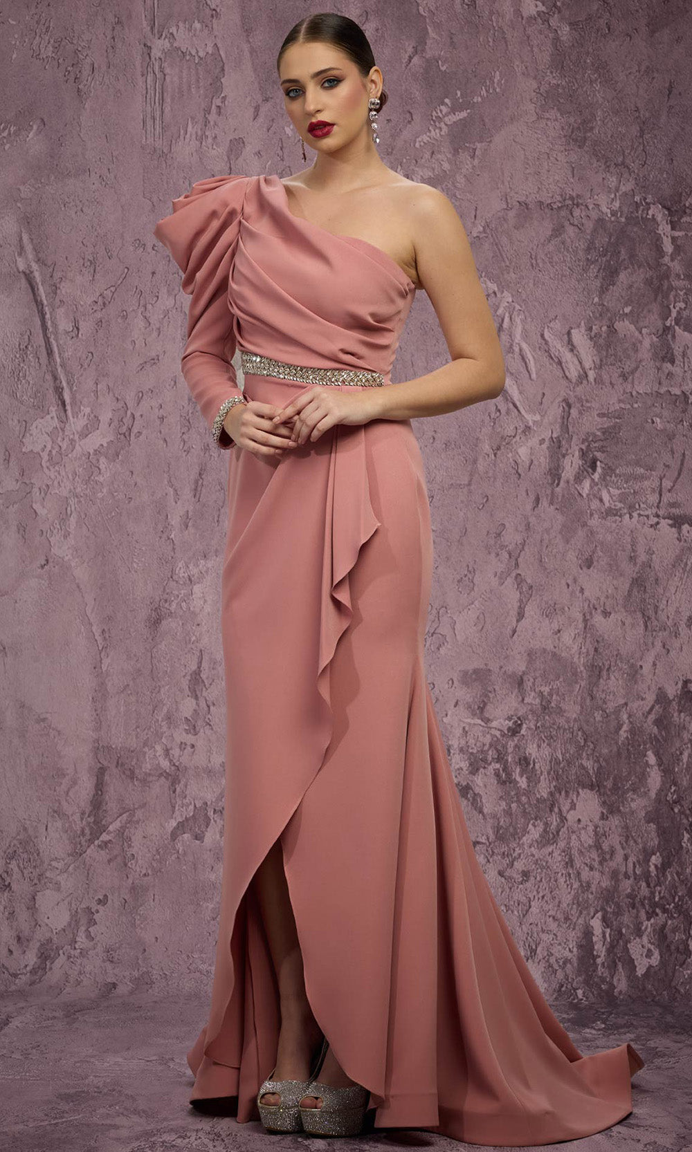 MNM COUTURE Q2851 - Crystal Waist Asymmetric Neckline Crepe Gown Evening Dresses in Pink 