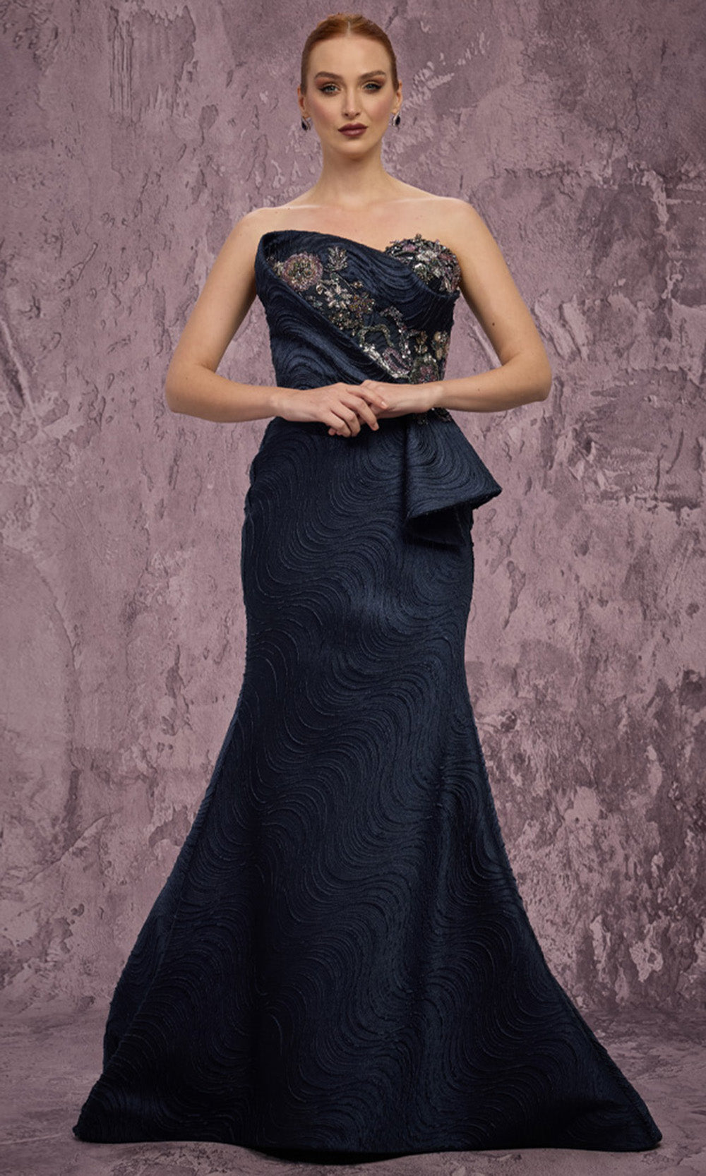MNM COUTURE Q2908 - Side Peplum Mermaid Embellished Gown Evening Dresses in Black 
