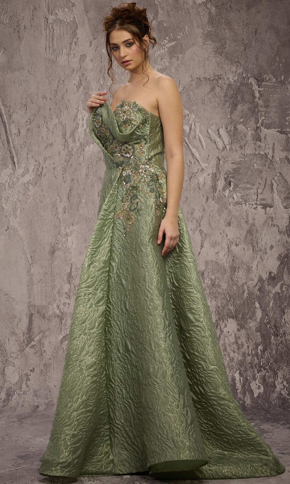 MNM COUTURE Q3355 - Floral Beaded Strapless Textured Gown Evening Dresses in Green 