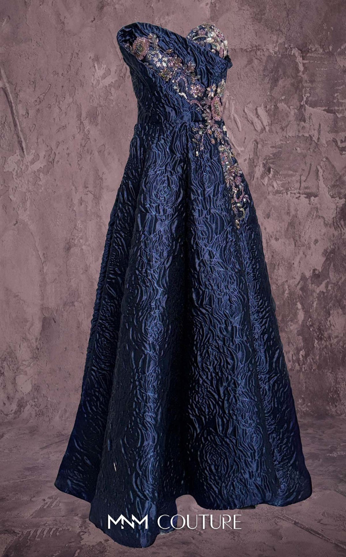 MNM COUTURE Q3355 - Floral Beaded Strapless Textured Gown Evening Dresses