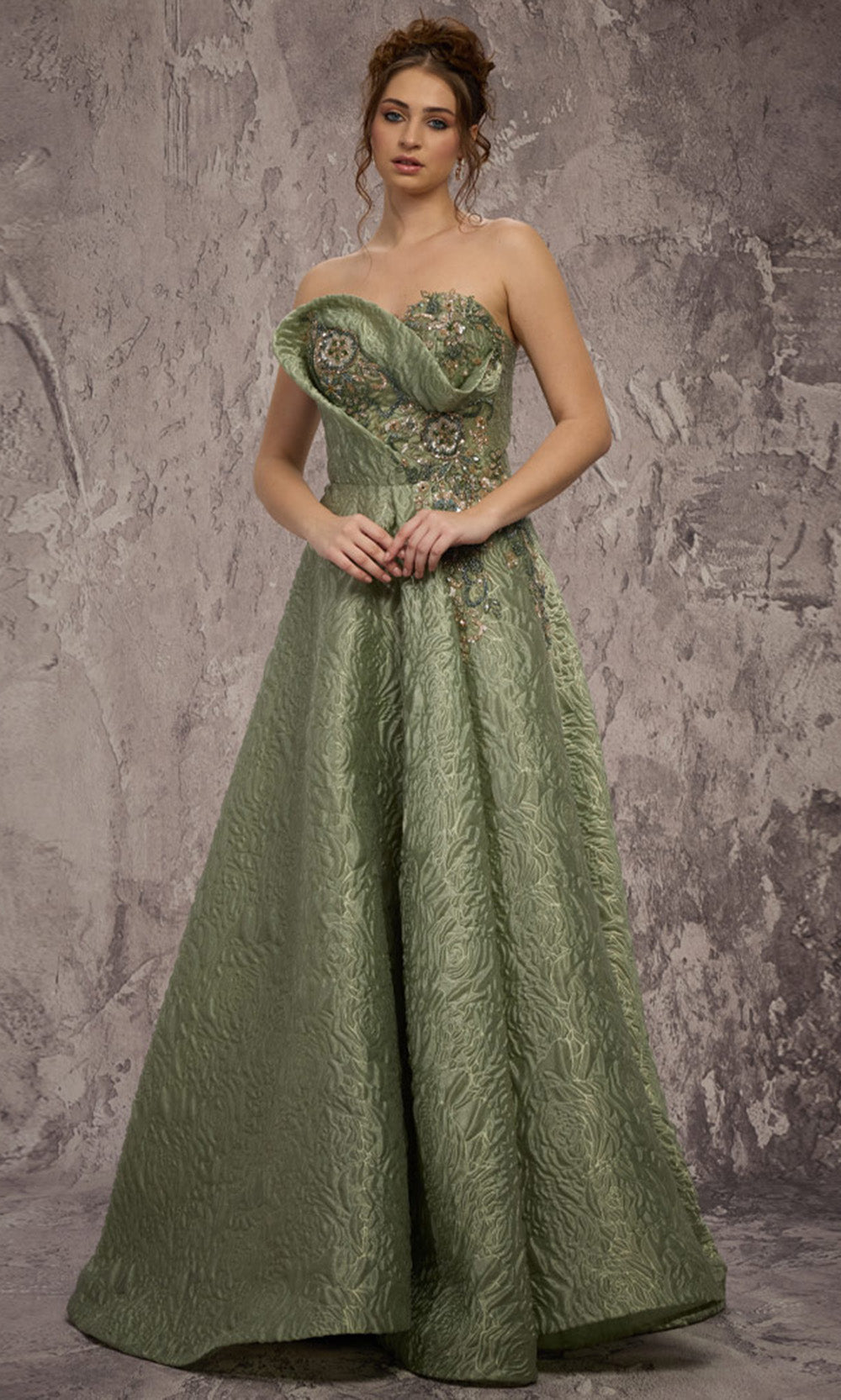 MNM COUTURE Q3355 - Floral Beaded Strapless Textured Gown Evening Dresses in Green 