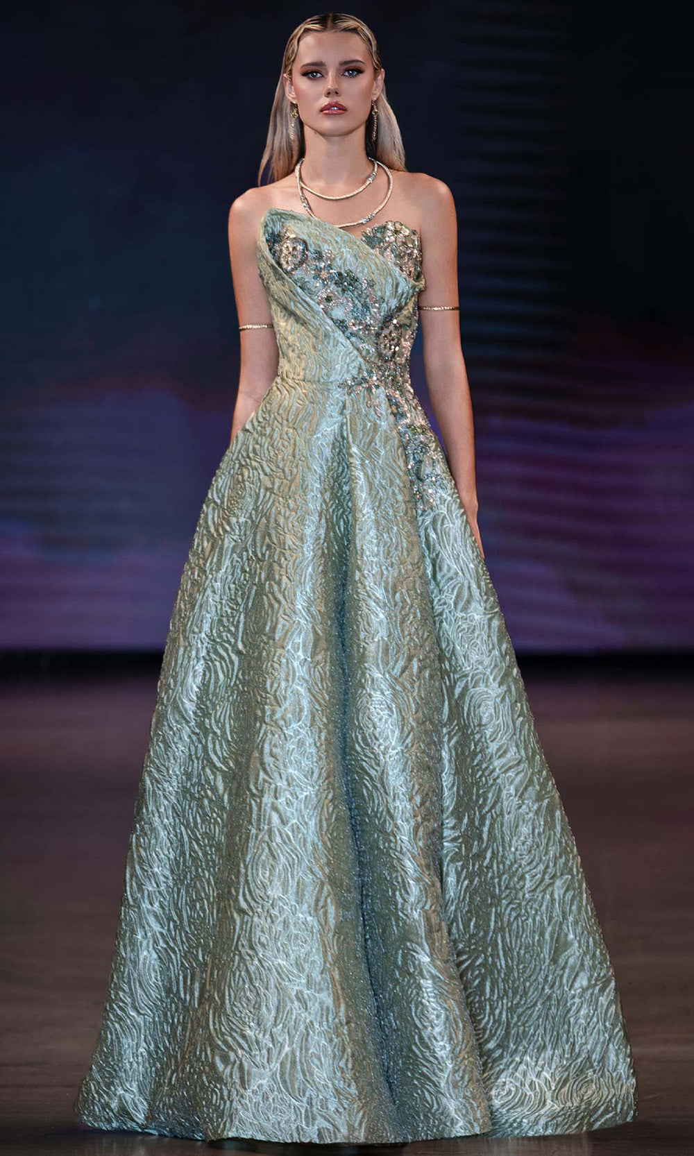 MNM COUTURE Q3355 - Floral Beaded Strapless Textured Gown Evening Dresses in Green 