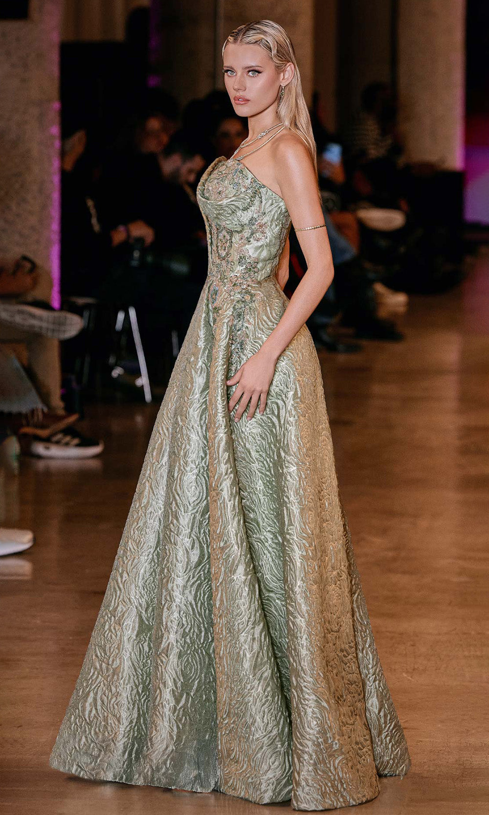 MNM COUTURE Q3355 - Floral Beaded Strapless Textured Gown Evening Dresses in Green 