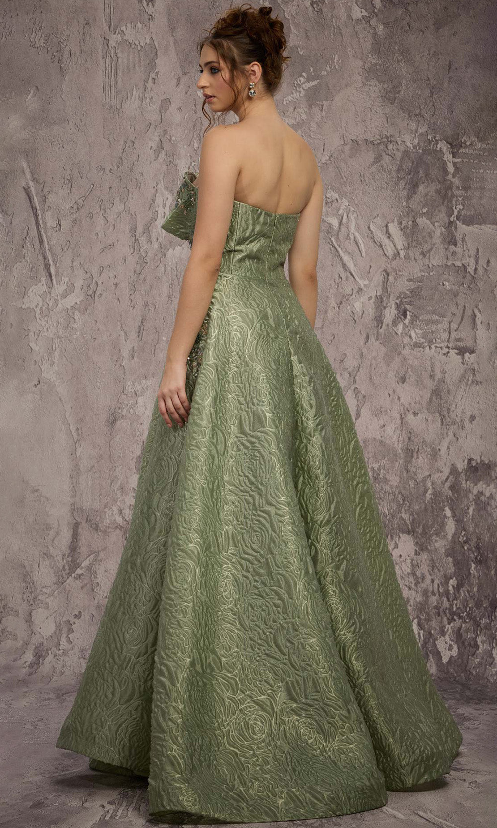 MNM COUTURE Q3355 - Floral Beaded Strapless Textured Gown Evening Dresses in Green 