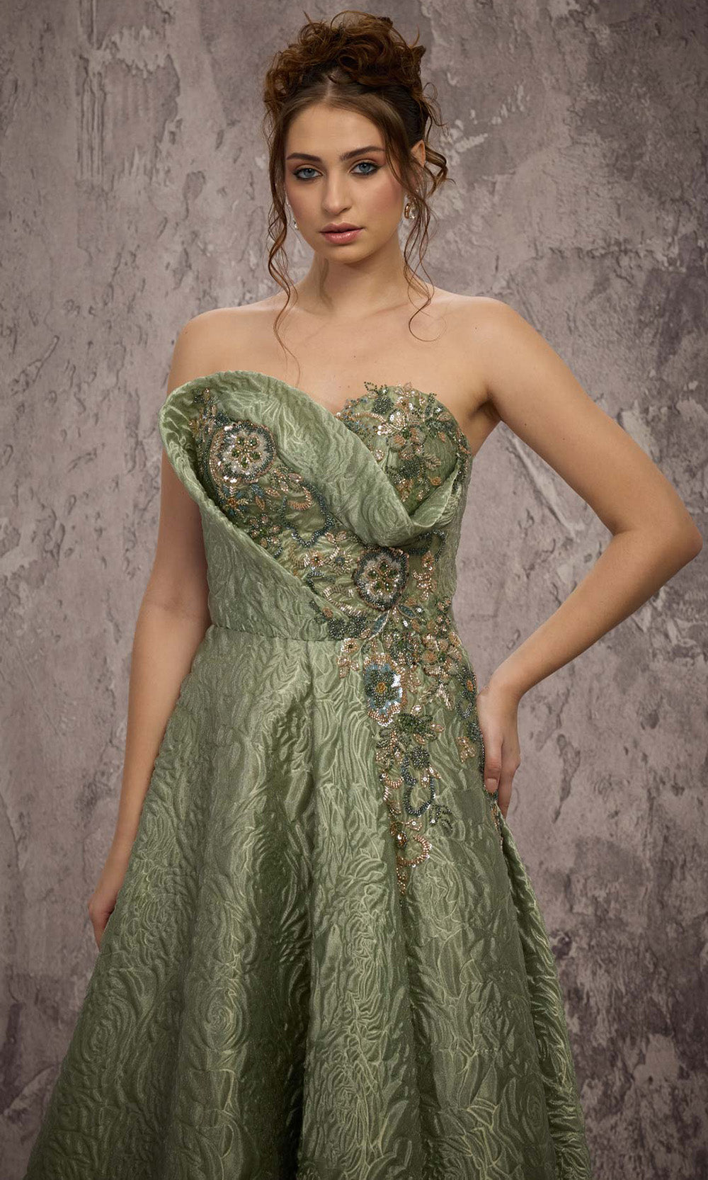 MNM COUTURE Q3355 - Floral Beaded Strapless Textured Gown Evening Dresses in Green 