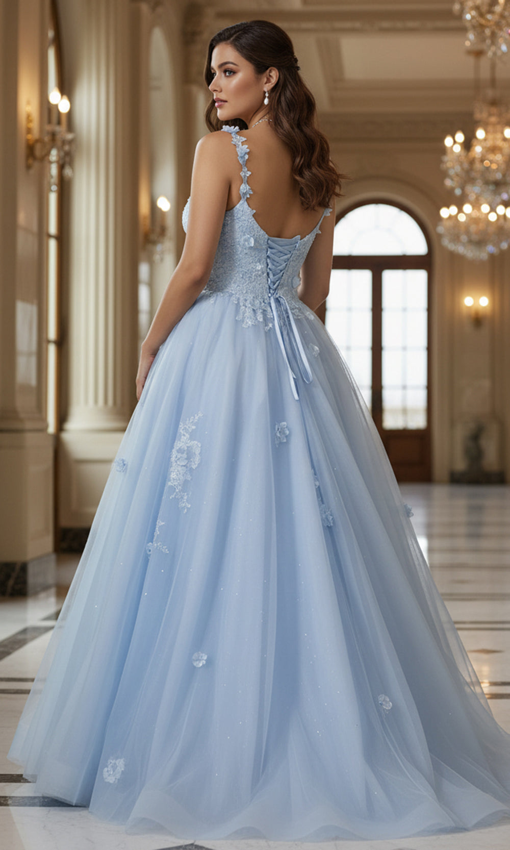 Jovani Q39393 - Embroidered Lace-Up Back Ballgown