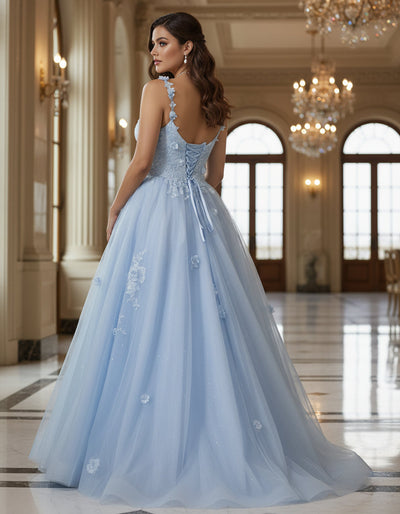 Jovani Q39393 - Embroidered Lace-Up Back Ballgown Ball Gowns in In Blue