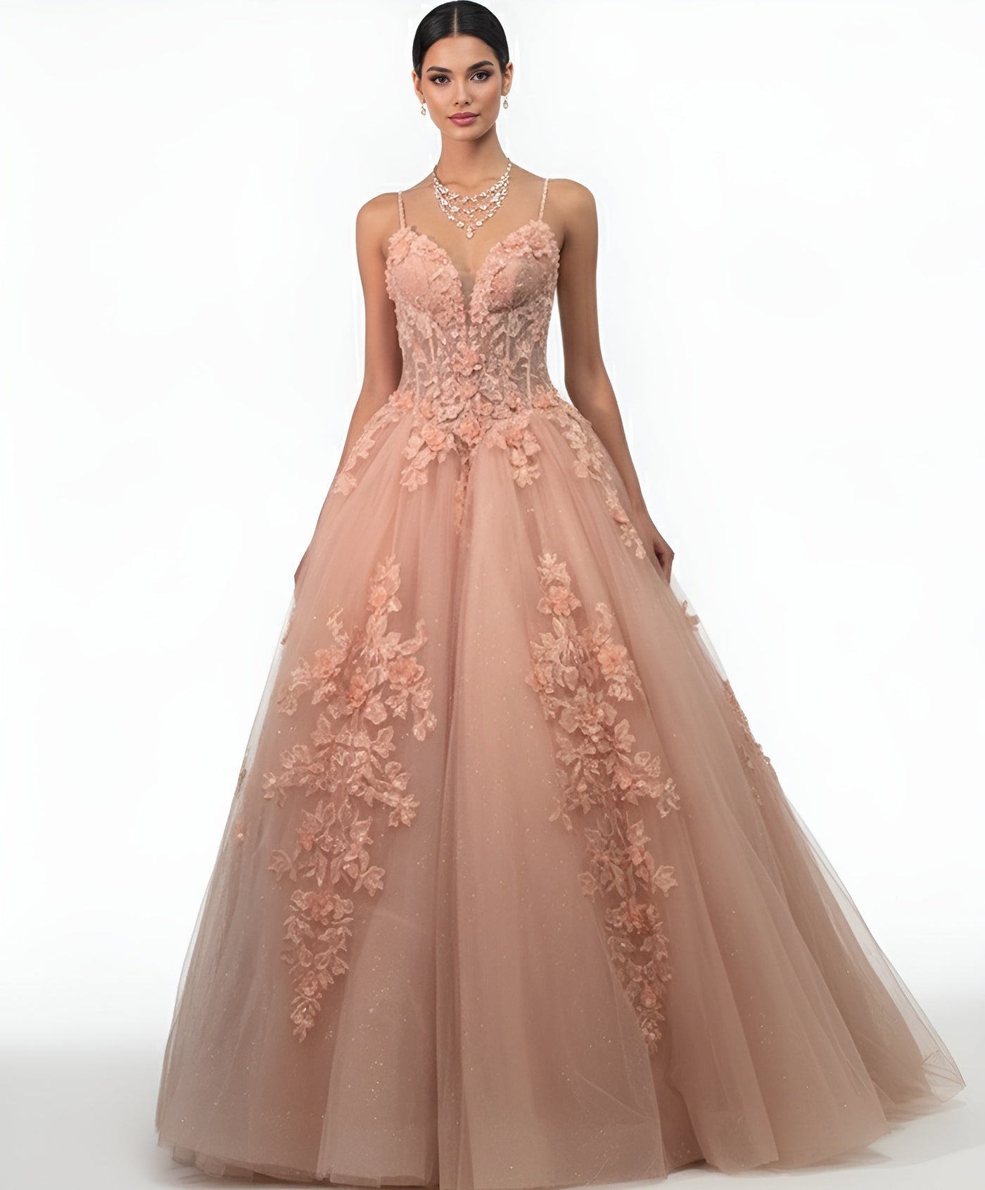 Jovani Q43431 - Plunging Neck Floral Lace Ballgown Prom Dresses in In Pink