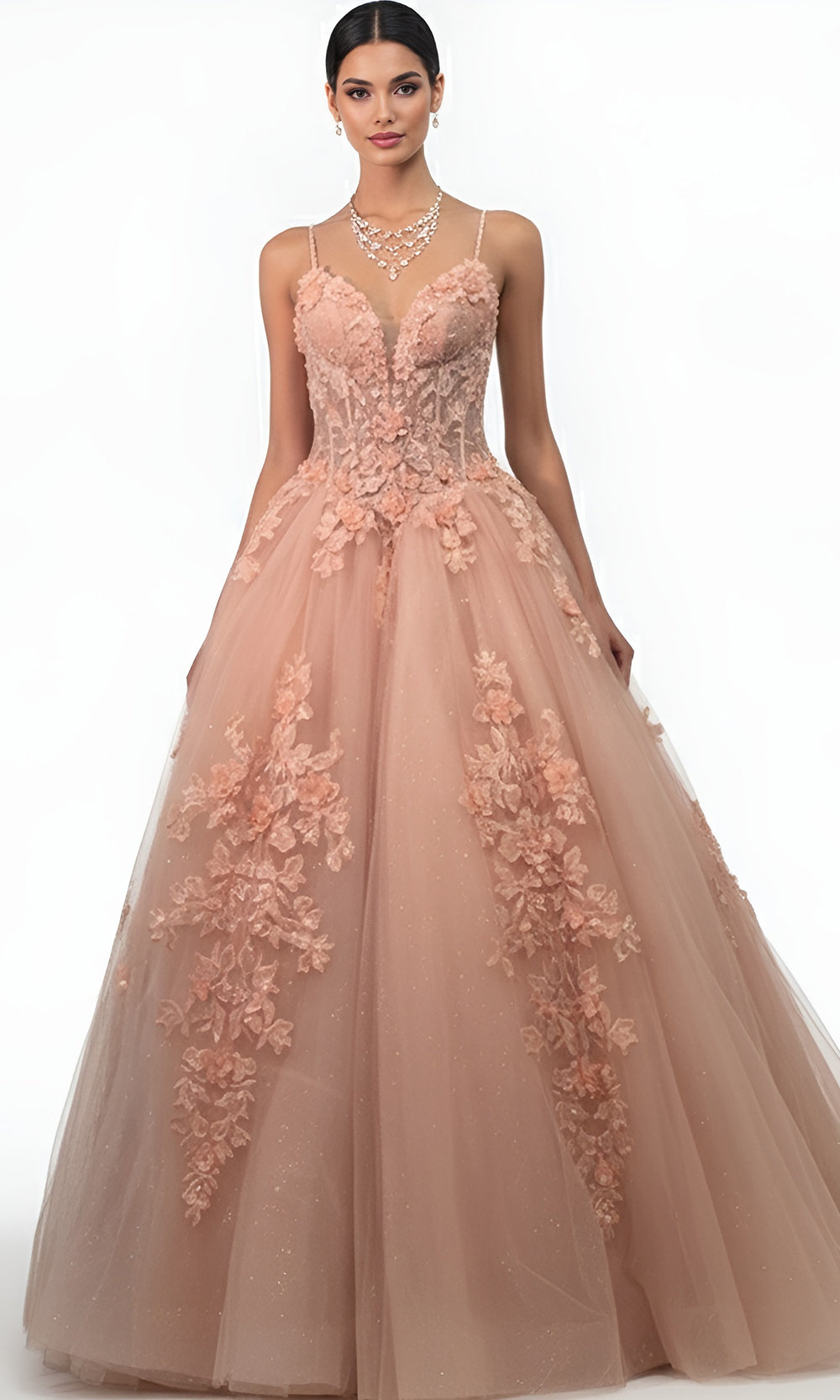 Jovani Q43431 - Plunging Neck Floral Lace Ballgown