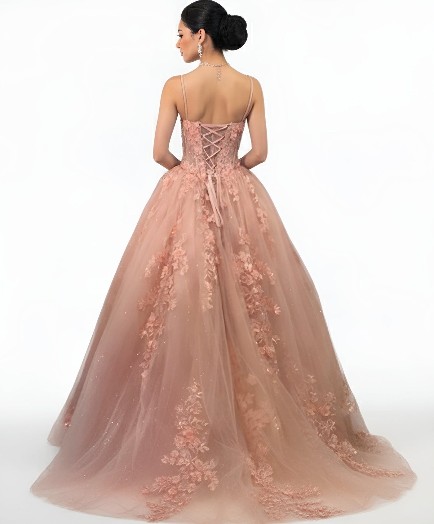 Jovani Q43431 - Plunging Neck Floral Lace Ballgown Prom Dresses in In Pink