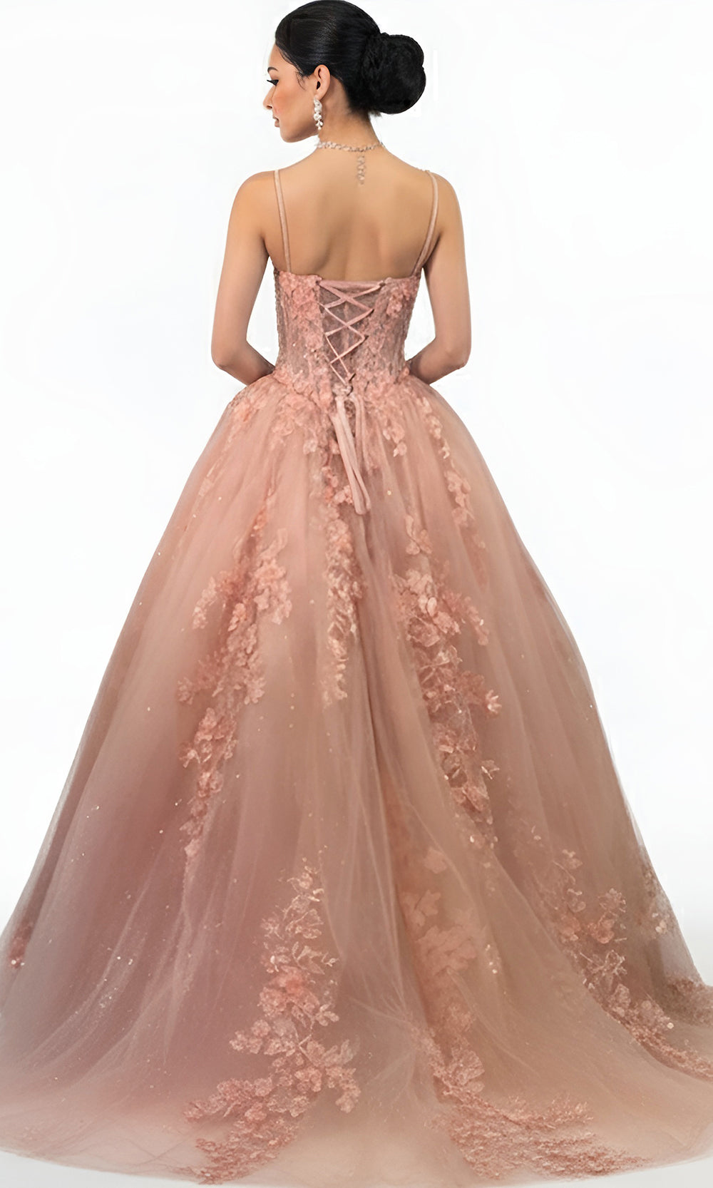 Jovani Q43431 - Plunging Neck Floral Lace Ballgown