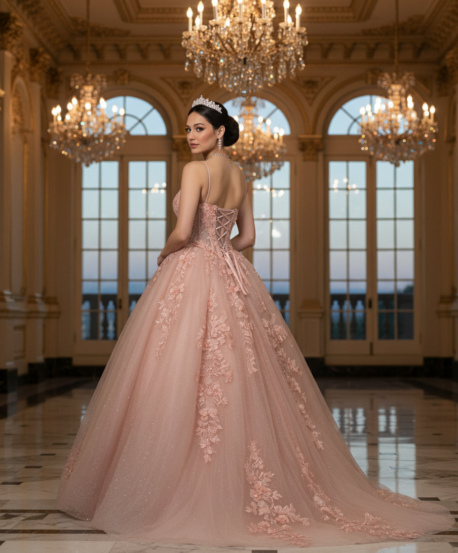 Jovani Q43431 - Plunging Neck Floral Lace Ballgown Prom Dresses in In Pink