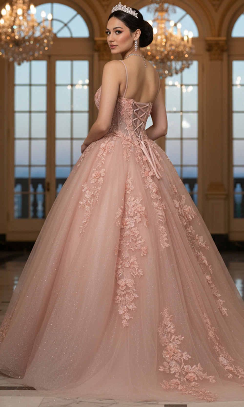 Jovani Q43431 - Plunging Neck Floral Lace Ballgown